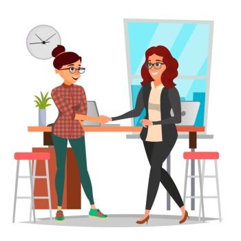 Business Partnership Concept Vector. Two Business Woman. Firmly Shaking Hands. Agreement Sign. Isolated Flat Cartoon Illustration. Business Partnership Concept Vector. Two Business Woman. Signing Contract Agreement. Office Meeting. Isolated Flat Cartoon Illustration
