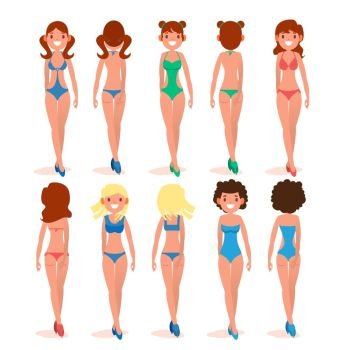 Women s Swimsuit Set Vector. Beautiful Girls In Bathing Suits Of Different Types. Various Types. Fashion Bikini Collection. Isolated Flat Illustration. Women s Swimsuit Vector. Female Stylish Swimwear Silhouettes. Isolated Flat Illustration