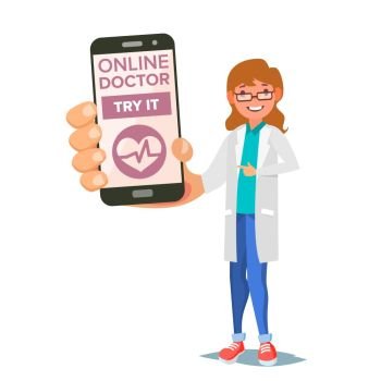 Online Doctor Mobile Service Vector. Woman Holding Smartphone With Online Consultation On Screen. Medicine Support. Healthcare App. Isolated Flat Illustration. Online Doctor Mobile Service Vector. Woman Holding Smartphone With Online Consultation On Screen. Medicine Support. Healthcare App. Isolated Illustration