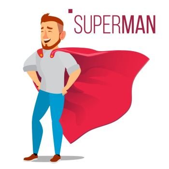 Superhero Businessman Character Vector. Red Cape. Successful Business Man Standing. Leadership Concept. Professional Manager, Programmer. Creative Modern Business Superhero. Isolated Illustration. Super Businessman Character Vector. Successful Superhero Businessman Standing. Young Professional Salesman, Programmer. Office Achievement Victory Concept. Waving Red Cape. Cartoon Illustration