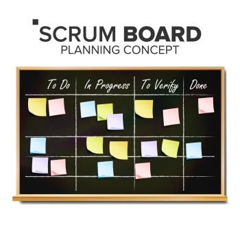 Kanban board Vector. Sticky Notes. Business Working Process Management. Team Planning Iterations. Realistic Illustration. Scrum Task Board Vector. Hanging Scrum Task Board. Startup Development Process. Full Tasks To Do List. Realistic Illustration