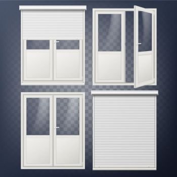 Plastic Door Vector. Modern White Roller Shutter. Opened And Closed. Energy Saving. Corner Door. PVC Profile. Isolated On Transparent Background Illustration. Plastic Glass Door Vector. White Roller Shutter. Opened And Closed. Roll Up Shutter. Isolated On Transparent Background Illustration
