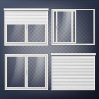 Plastic Door Vector. Sliding. White Roller Shutter. Opened And Closed. Energy Saving. PVC Profile. Isolated On Transparent Background Illustration. Plastic Door Vector. Modern White Roller Shutter. Opened And Closed. Energy Saving. Corner Door. PVC Profile. Isolated On Transparent Background Illustration