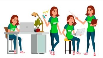 Young Business Woman Character Vector. Environment Process. Lady In Various Poses. Creative Studio. Cartoon Illustration. Business Woman Character Vector. Young Female In Different Poses. Teen Clerk In Office Clothes. Designer, Manager. Cartoon Illustration