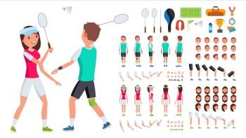 Badminton Player Male, Female Vector. Animated Character Creation Set. Man, Woman Full Length, Front, Side, Back View. Badminton Accessories. Poses, Emotions, Gestures. Flat Cartoon Illustration. Badminton Player Male, Female Vector. Animated Character Creation Set. Man, Woman Full Length, Front, Side, Back View. Badminton Accessories. Poses Emotions Gestures Flat Illustration