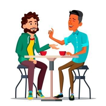 Friends In Cafe Vector. Two Man. Drinking Coffee. Bistro, Cafeteria. Coffee Break Concept. Lifestyle. Communication, Laughter. Isolated Cartoon Illustration. Two Man Friends Drinking Coffee Vector. Best Friends In Cafe. Sitting Together In Restaurant. Have Fun. Communication Breakfast Concept. Isolated Flat Cartoon Illustration