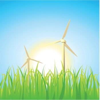 Spring And Summer Windmills. Illustration of spring and summer seasons, including windmills, suns and grass