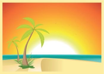 Exotic Beach Postcard. Illustration of a beautiful exotic beach with palm trees for your vacations