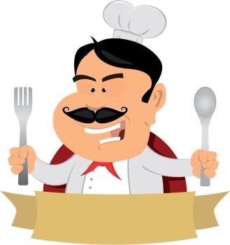 Illustration of a cartoon chef cook banner, master of french cuisine. French Master Chef Banner