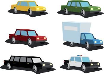 Illustration set of cartoon cars, from ordinary vehicle to police car, delivery truck or cadillac 
for vip. Cartoon Cars Set