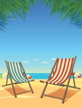 Illustration of a summer tropical background with beach chairs and 
sunshades for vacations and holidays. Summer Beach And Chairs Background