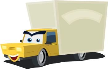 Illustration of a cartoon yellow delivery truck character happy and smiling with copy space for advertisement message. Cartoon Delivery Truck Character