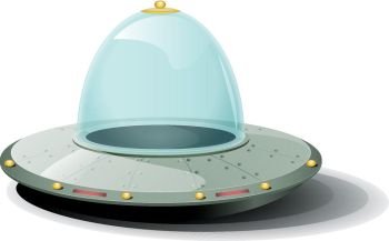 Illustration of a cartoon rounded spaceship landing on the ground. Retro Cartoon Spaceship