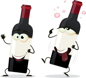 Illustration of a couple of funny cartoon red wine alcohol bottles with a happy one and another drunk staggering. Happy And Drunk Red Wine Bottle Character