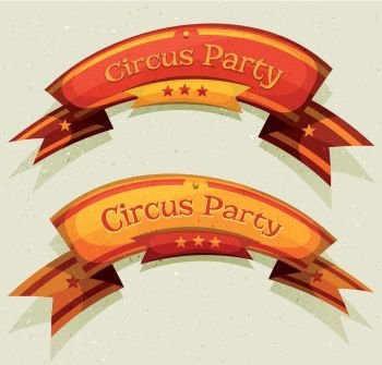 Illustration of a set of funny cartoon circus party banners and ribbons, red and yellow, for festive event, carnival, holidays or ui game interface design. Comic Circus Party Banners And Ribbons
