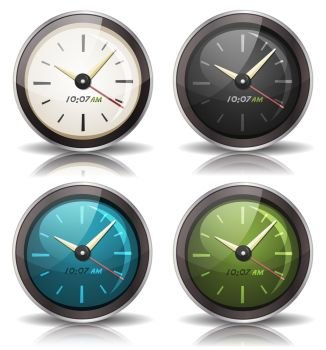 Illustration of a set of cartoon watch and clock icons, with black and white, blue and red screen version. Watches Icons Set