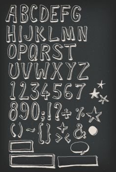 Illustration of a hand drawn sketched and doodled ABC alphabet letters and numbers with font characters, also with orthographic symbols and punctuation marks, speech bubbles and frame on chalkboard background. Doodle Complete Alphabet Set On Chalkboard
