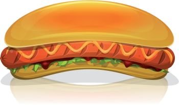 Hot Dog Burger Icon. Illustration of an appetizing cartoon fast food hot dog burger icon, with frankfurter sausage, mustard sauce, salad leaves, ketchup and long bread buns, for takeout restaurant
