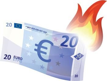 Euro Bill Burning. Illustration of a cartoon euro bill burning, symbolizing crash of european economy area, debt crisis and economic depression. Imaginary specimen with simplified graphics