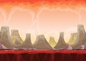 Illustration of a seamless cartoon funny volcanic alien planet landscape, with repetitive layers for parallax and craters with smoke for ui game. Seamless Volcano Planet Landscape For Ui Game