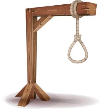 Gallows With Hangman’s Rope. Illustration of a cartoon gallows for hangman, with tightrope and slipknot, wood planks and shelves, for death penalty and crime punishment