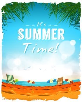 Summer Time Poster Background. Illustration of a design summer tropical beach background, with hot sand, chairs and sunshades on ocean horizon, for fun vacations and holidays