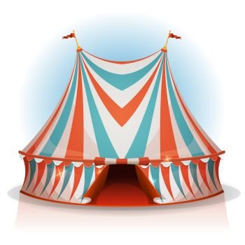Big Top Circus Tent. Illustration of a cartoon big top circus tent, with red, blue and white stripes, for funfair and carnival holidays, isolated on white