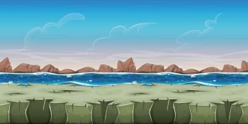 Seamless Ocean Landscape For Game Ui. Illustration of a cartoon seamless ocean landscape background, with rocky ground, water and little mountains, for game ui scenics