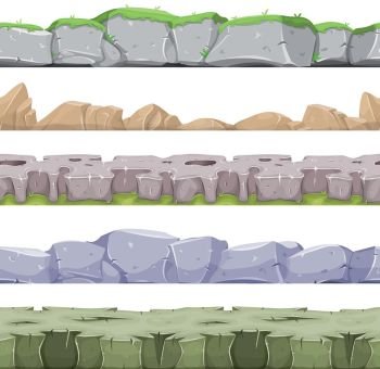 Seamless Rocky Landscape And Stony Grounds For Game Ui. Illustration of a set of seamless mountains range with patterns of rock, stones and hand made mountains relief for game user interface