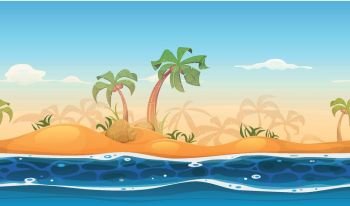 Seamless Tropical Beach Landscape. Illustration of cartoon seamless tropical beach or island, with palm trees, sand and flowing water in the foreground, and summer sky background
