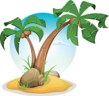 Tropical Island With Palm Trees. Illustration of cartoon palm trees, on tropical island beach, with summer sky background