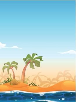 Exotic Beach Landscape. Illustration of cartoon tropical beach or island, with palm trees, sand and flowing water in the foreground, and summer sky background