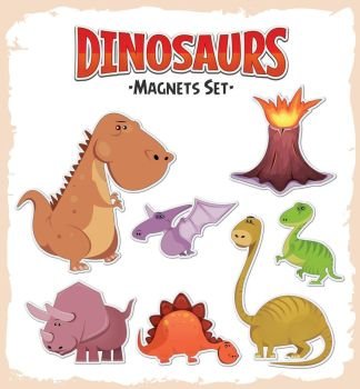 Dinosaurs Magnets And Stickers Set. Illustration of a set of cartoon tiny dinosaurs stickers, with volcano eruption