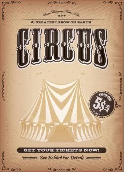 Illustration of a retro and vintage circus poster background, with big top, elegant titles, grunge texture and floral patterns