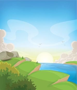Summer Ocean Landscape. Illustration of a cartoon summer landscape, with cliff and grass area over ocean background and sun at dawn