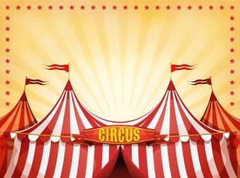 Big Top Circus Background With Banner. Illustration of cartoon white and red big top circus tents background, with marquee or banner on a yellow summer sky background