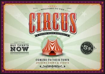 Vintage Horizontal Circus Poster With Sunbeams. Illustration of a vintage circus poster background, with floral patterns, red and blue big top, elegant titles and grunge texture