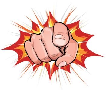 Pointing Finger On Explosion Background. Illustration of a comic man hand icon with index finger poiting, on blasting background for hiring or warning message