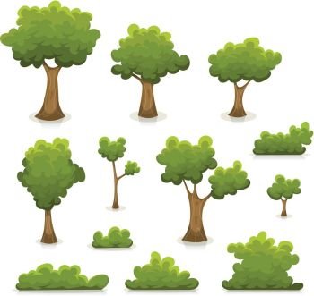 Trees, Hedges And Bush Set. Illustration of a set of cartoon spring or summer green forest trees and other plants and elements like foliage, bush and hedges