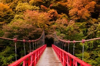 Red bridge at Kami No Iwahashi in Dakigaeri Valley - Senboku, Akita, Japan