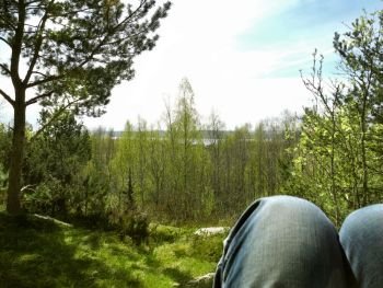 Recreation and mindfulness in a bright, green forest.. Sitting in peaceful nature relaxing and looking at view