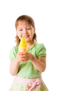 Little girl eating tasty Ice-cream isolated on white