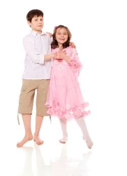 brother and sister posing together isolated on white