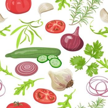 Seamless pattern herbs and vegetables. Tomato, cucumber, onion, garlic, parsley arugula Vector illustration