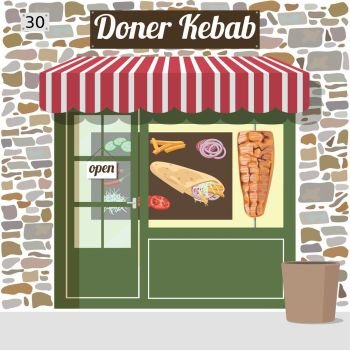 doner kebab fast food cafe. Doner kebab fast food cafe building. Vector illustration.