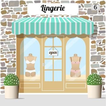 Lingerie shop building facade of stone. Lingerie shop building facade of stone. Mannequins in blue and pink underwear cloth in the display window.  Vector Illustration.