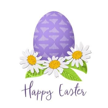Easter purple egg and daisy wreath. Decorated festive egg with simple abstract ornaments. Easter purple egg and daisy wreath. Decorated festive egg with simple abstract ornaments. Spring holiday. Vector Illustration. pink flower background, chamomile wildflower. For prints, postcards, web