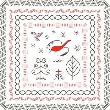 National northen paintings square frame. Folk handicrafts. Enchanting original ornaments. Simplicity. Red bird, stripes, archaic, minimalistic, scribbles. For prints poster wallpaper web decoration. National northen paintings square frame. Folk handicrafts. Enchanting original ornaments.
