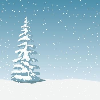 Winter landscape with x-mas tree, snowfall at twilight. Winter landscape with x-mas tree, snowfall at twilight. Vector illustration. Mist, snowflakes, snowbank. For prints, web background
