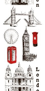 London architectural symbols: Big Ben, Tower Bridge, mail box, call box. St Paul Cathedral. Vertical stripe. Beautiful hand drawn vector sketch seamless pattern. For prints, advertising, City panorama. London architectural symbols: Big Ben, Tower Bridge, mail box, call box. St. Paul Cathedral. Vertical stripe seamless pattern